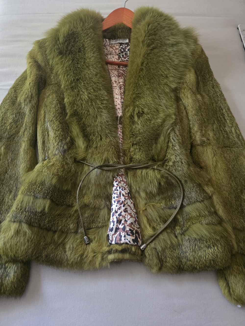 Giorgio Olive Green Fur Jacket with Tie Belt